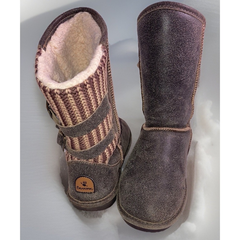 Bearpaw Womens Boots Size 7 Brown Knit Mid Calf Sheepskin Lined Winter Cozy